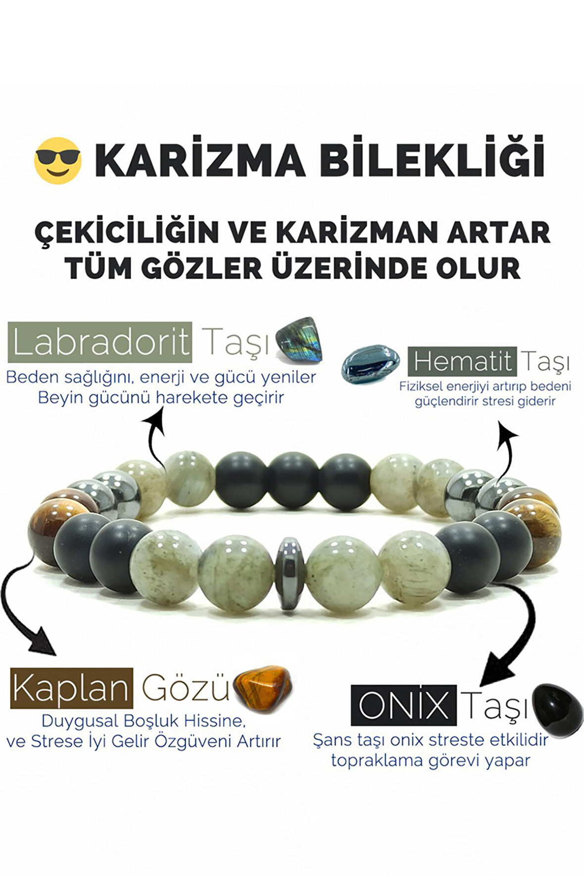 Karizma Bilekliği Labradorit Oniks Hematit Kaplangözü Doğal Taş Bileklik