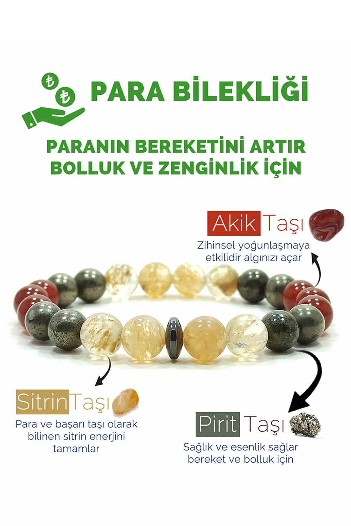 Para Bilekliği Sitrin Pirit Akik Doğal Taş Bileklik