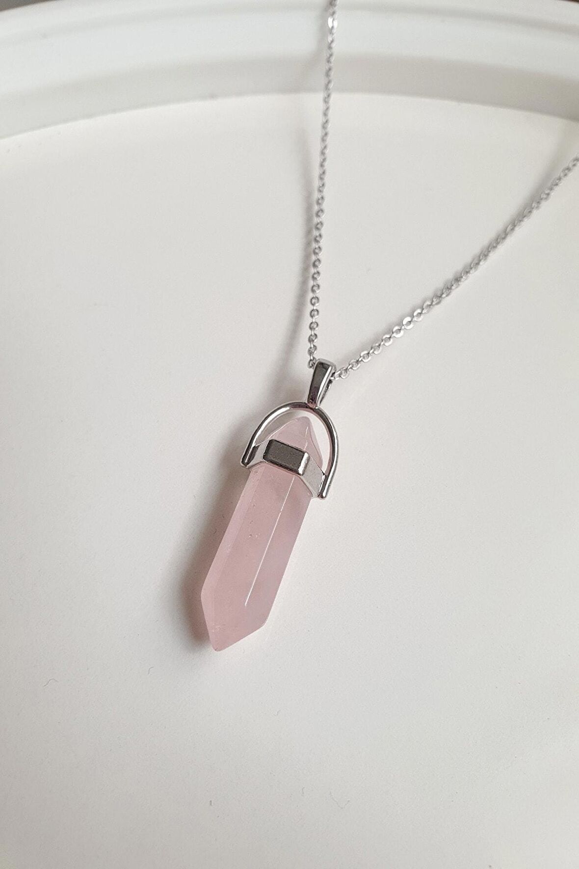 Pembe Kuvars Ametist Çivi Kesim Doğal Taş Kadın Doğal Taş Kolye