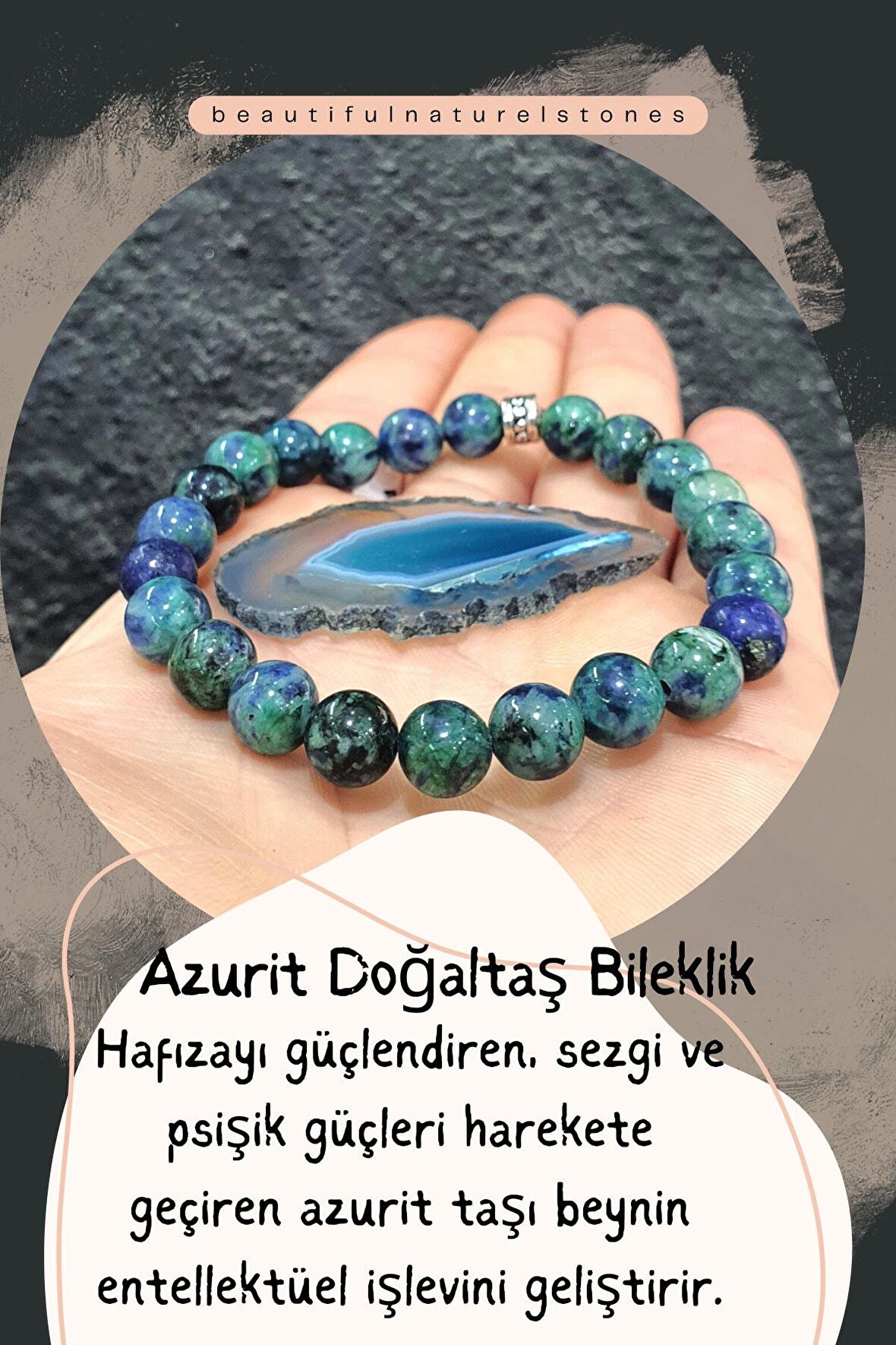 Azurit Doğaltaş Bileklik ( Akik Taş Hediyeli ) 8 Mm ( Hafıza Güçlendirici / Sezgi Ve Psişik Güç )