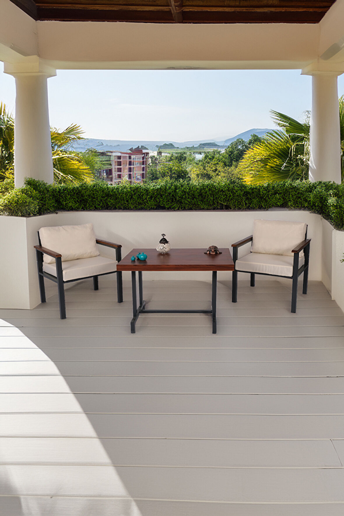 NEOKAS Balkon Mobilyası, Metal Oturma Grubu, Balkon Seti, Kafe Koltuğu, Teras Takımı, 2 Tekli Koltuk + 1 Adet Masa