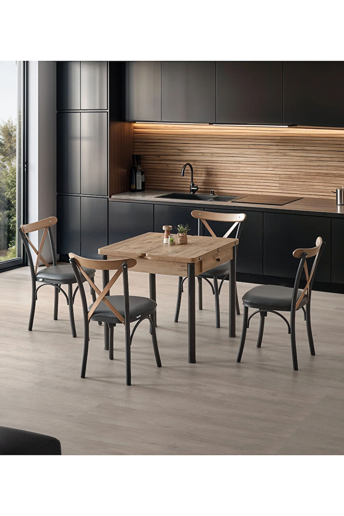 NEVA 20 Masa Takımı – Açılır Kapanır Masa. 4 Sandalyeli. Atlantik/Siyah. Ceviz Ahşap Detaylı