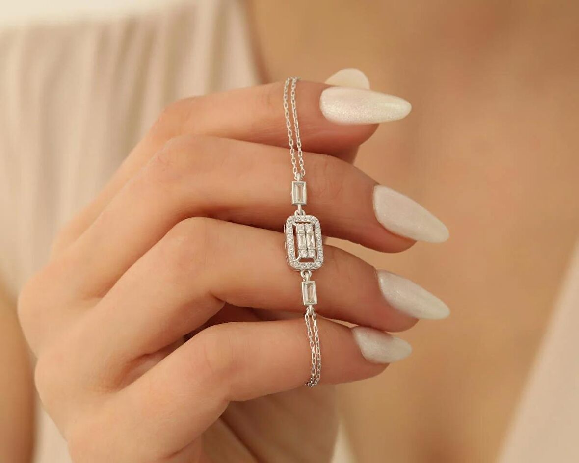 925 Ayar Gümüş Dikdörtgen Baget Bileklik