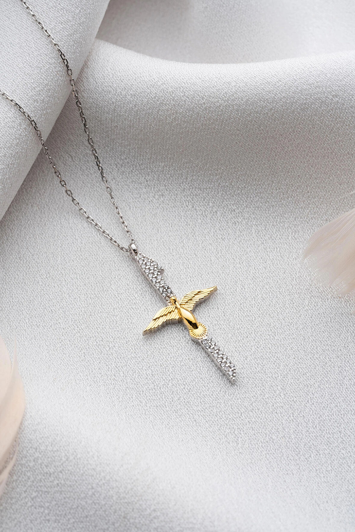 925 Ayar Gümüş Gold Kuşlu Elif Kolye