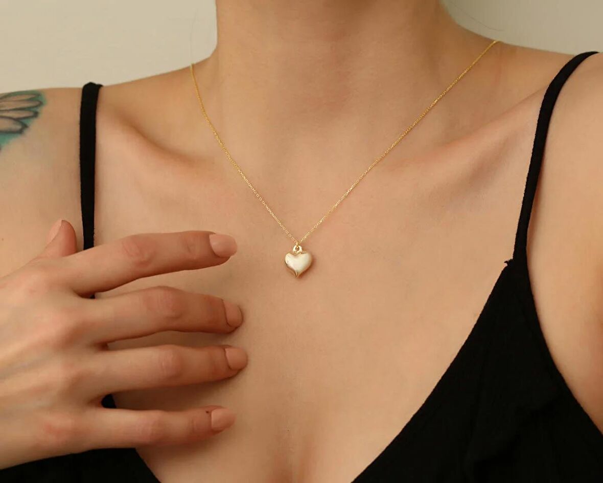 925 Ayar Gümüş Sevgililer Gününe Özel Balon Kalp Kolye (Gold Renk)