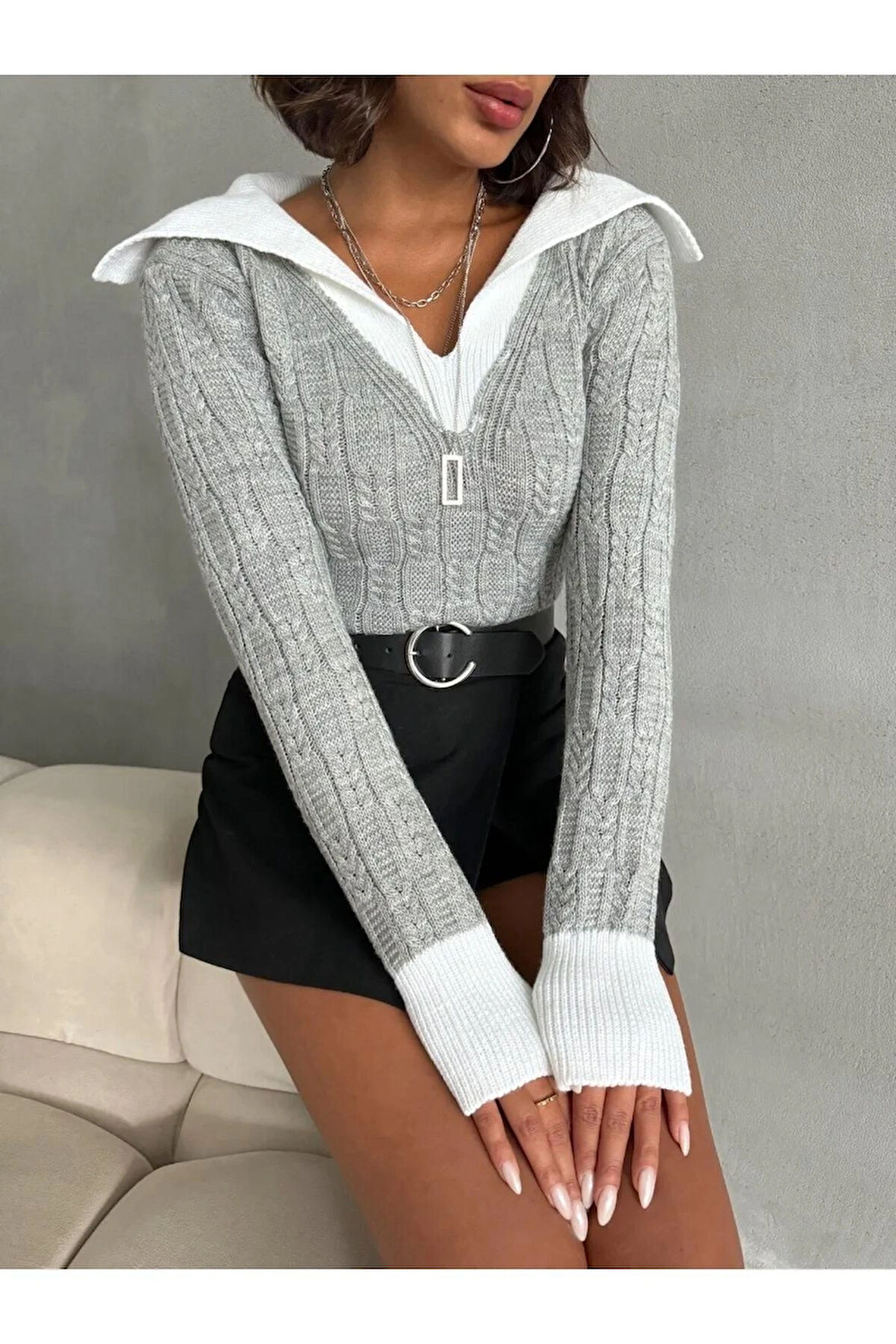 Geniş Polo Yaka Saç Örgü Kadın Triko Kazak