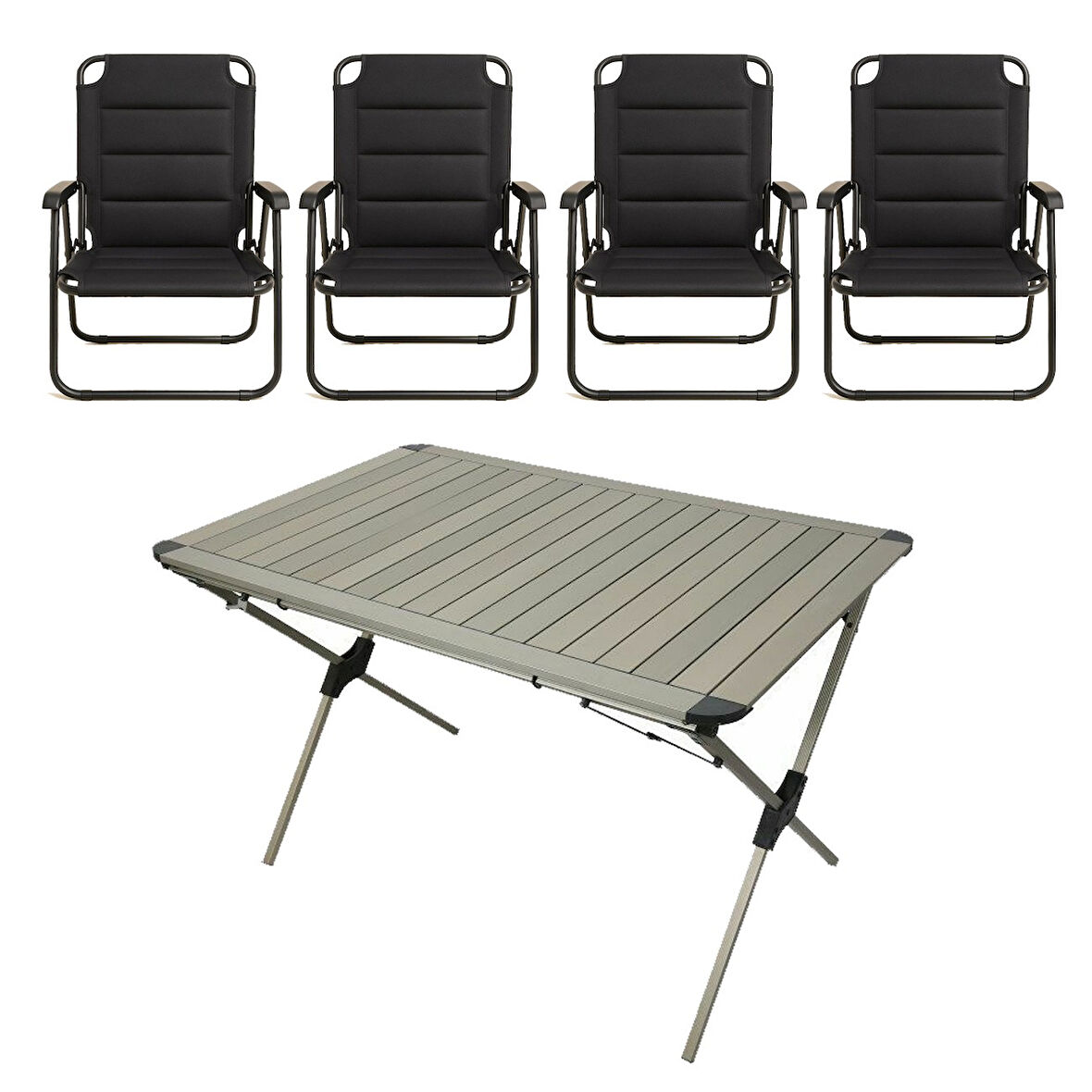 YekOutdoor Katlanabilir Alüminyum Kamp Masası ve 4 Kişilik Konforlu Kamp Sandalyesi Seti