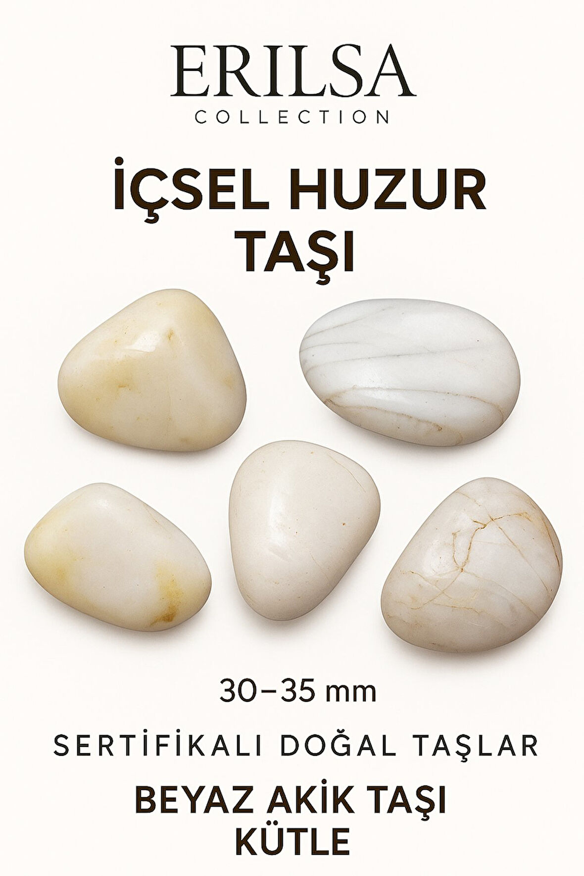 Sertifikalı Tamburlanmış Beyaz Akik Taşı Kütle - El Taşı - Sakinlik, Saflık Günlük Enerji Desteği