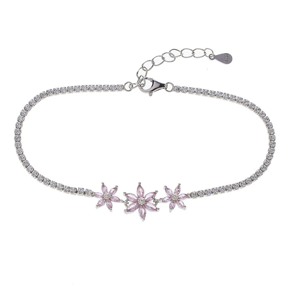 3'lü Çiçek Model Pembe Zirkon Taşlı 925 Ayar Gümüş Kadın Bileklik