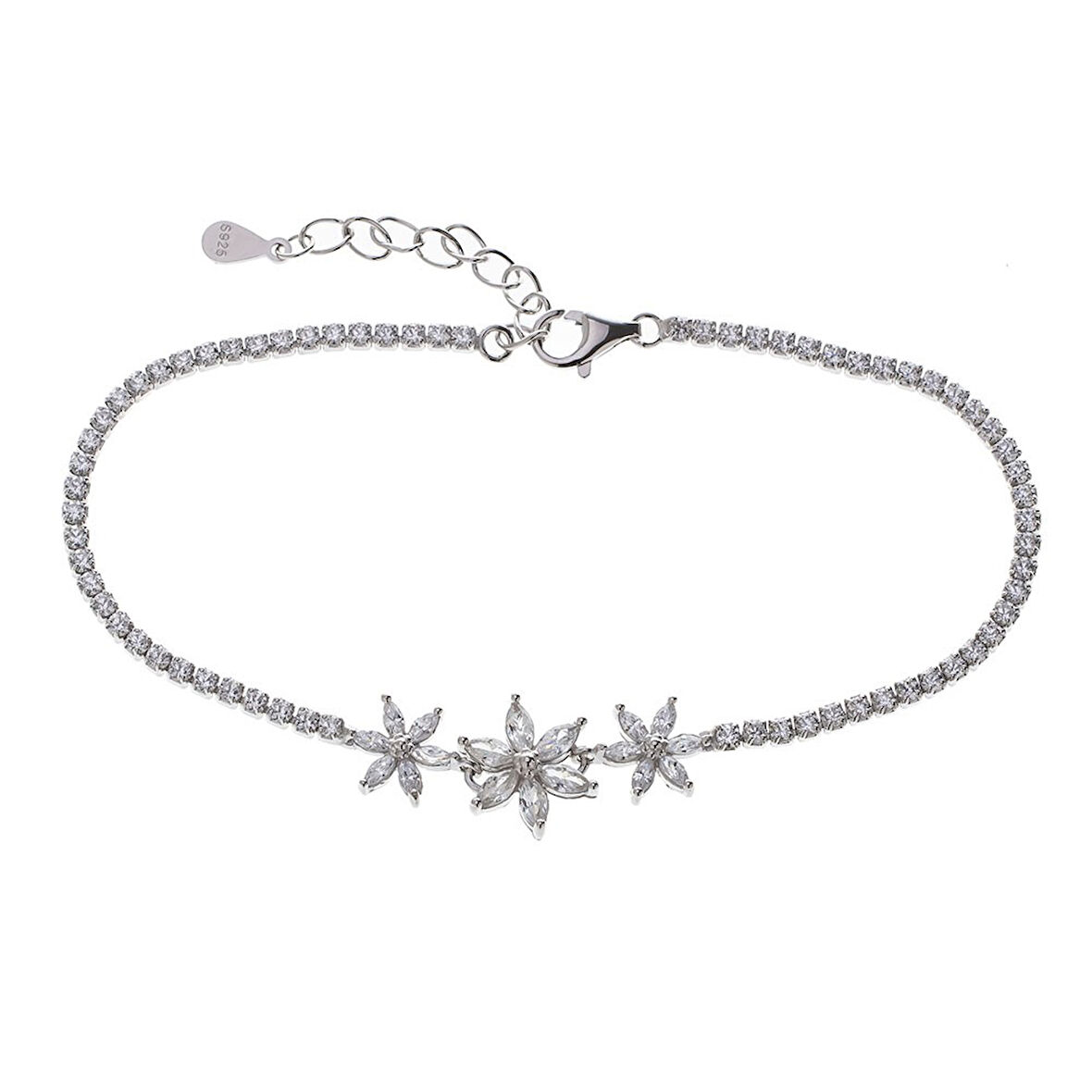 3'lü Çiçek Model Zirkon Taşlı 925 Ayar Gümüş Kadın Bileklik