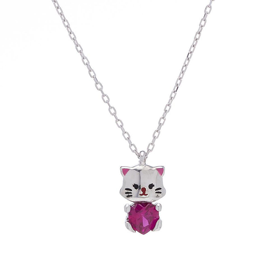 Kedi Pembe Zirkon Taşlı 925 Ayar Gümüş Kadın Kolye