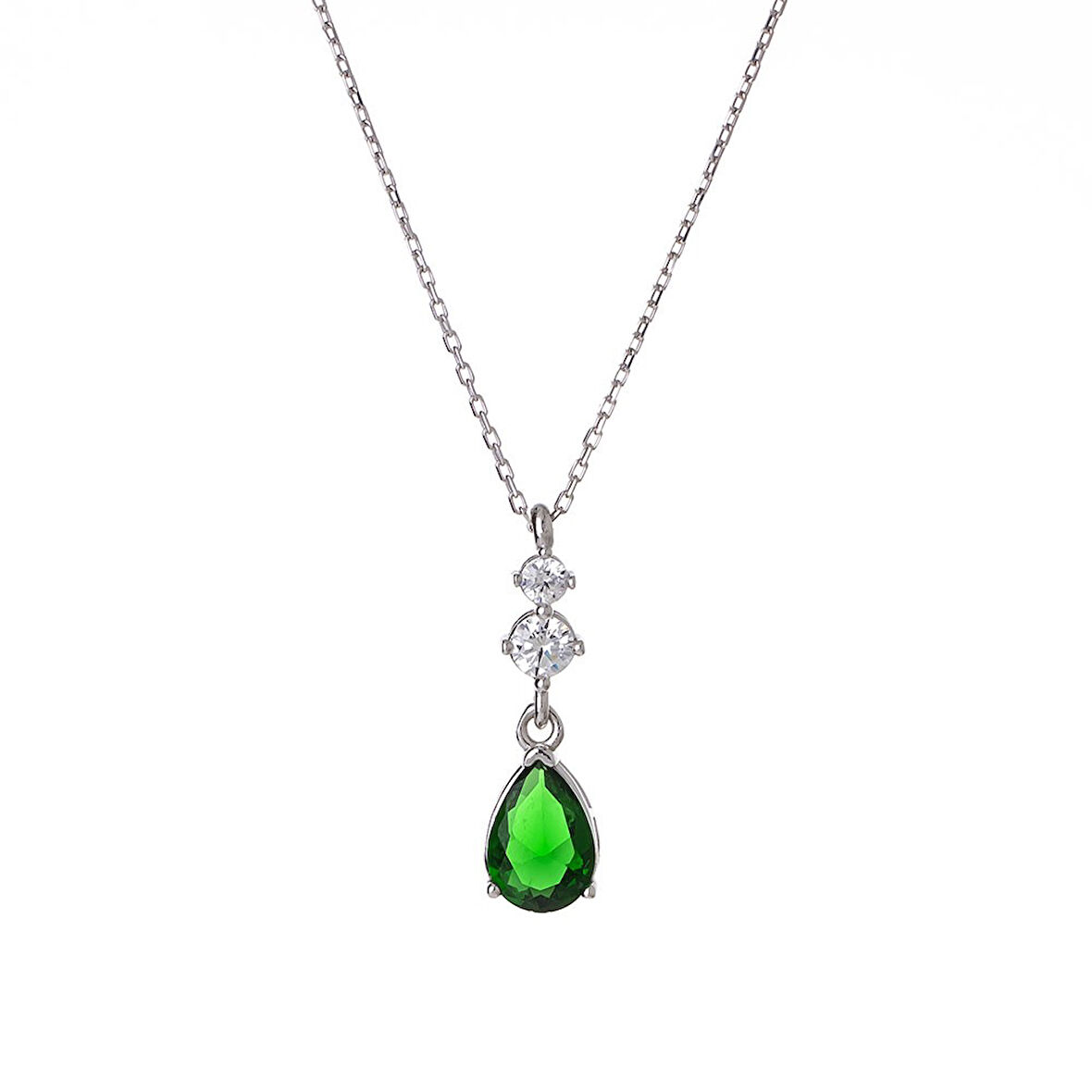 Yeşil Damla Model Zirkon Taşlı 925 Ayar Gümüş Kadın Kolye