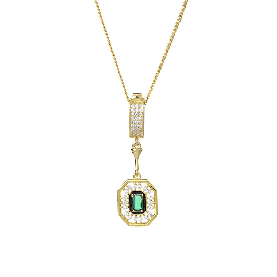 3-5 mm Baget Yeşil Zirkon Taşlı 925 Ayar Gümüş Gold Rengi Kadın Kolye