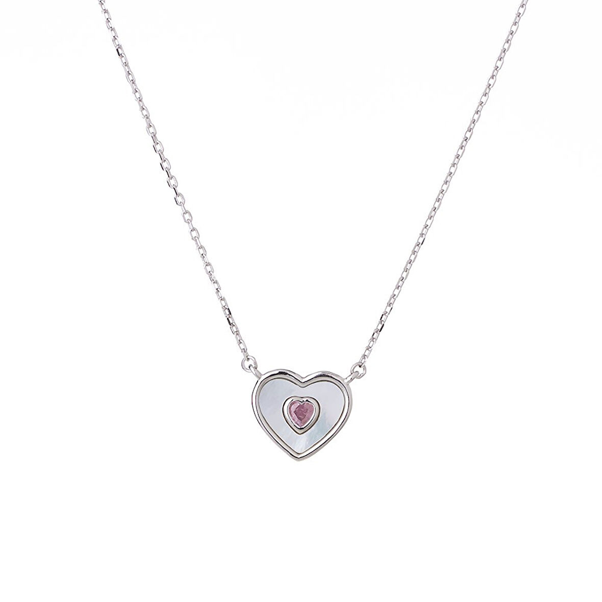 Kalp Model Sedef Pembe Zirkon Taşlı 925 Ayar Gümüş Kadın Kolye