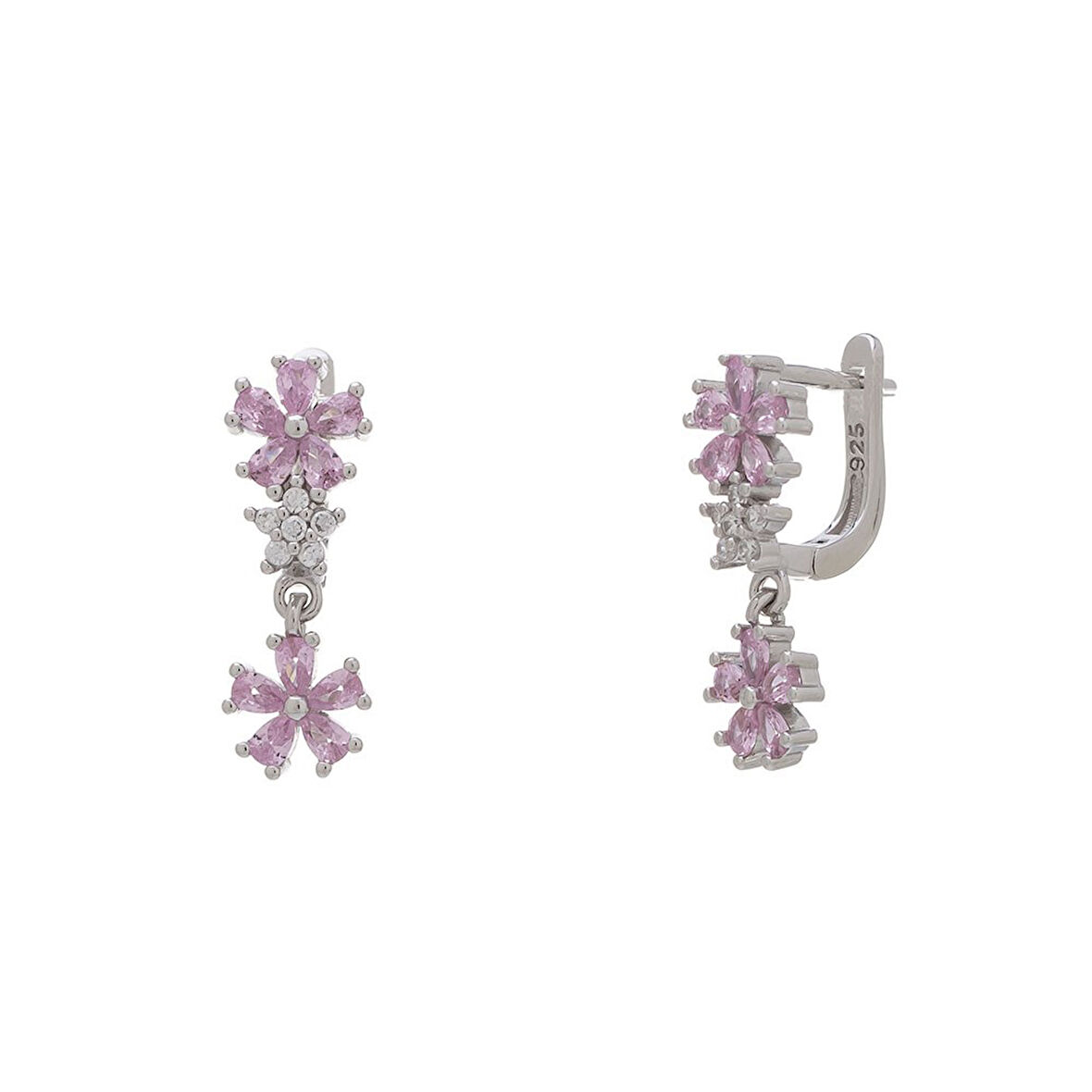 Çiçek Model Pembe Zirkon Taşlı 925 Ayar Gümüş Kadın Küpe