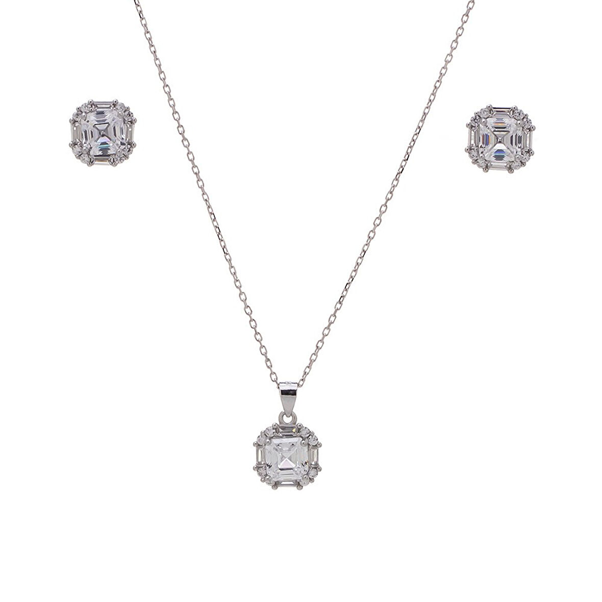 6 mm Kare Zirkon Taşlı 925 Ayar Gümüş Kadın 2'li Set