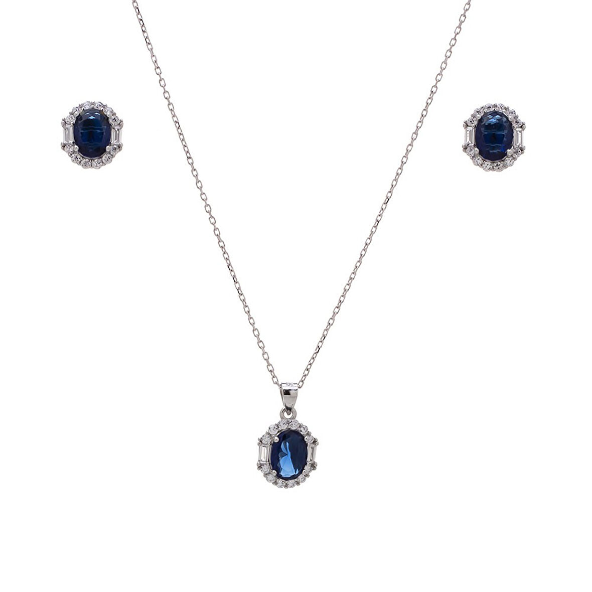 5-8 mm Lacivert Oval Zirkon Taşlı 925 Ayar Gümüş Kadın 2'li Set