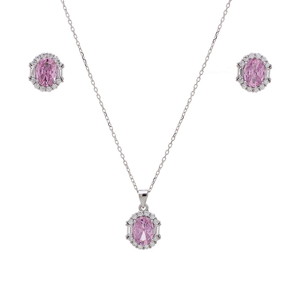 5-8 mm Pembe Oval Zirkon Taşlı 925 Ayar Gümüş Kadın 2'li Set
