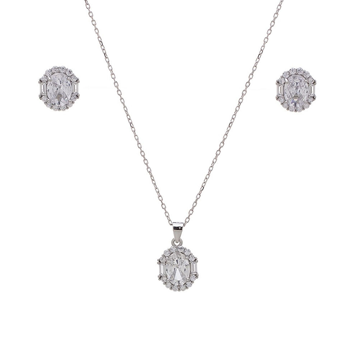 5-8 mm Oval Zirkon Taşlı 925 Ayar Gümüş Kadın 2'li Set