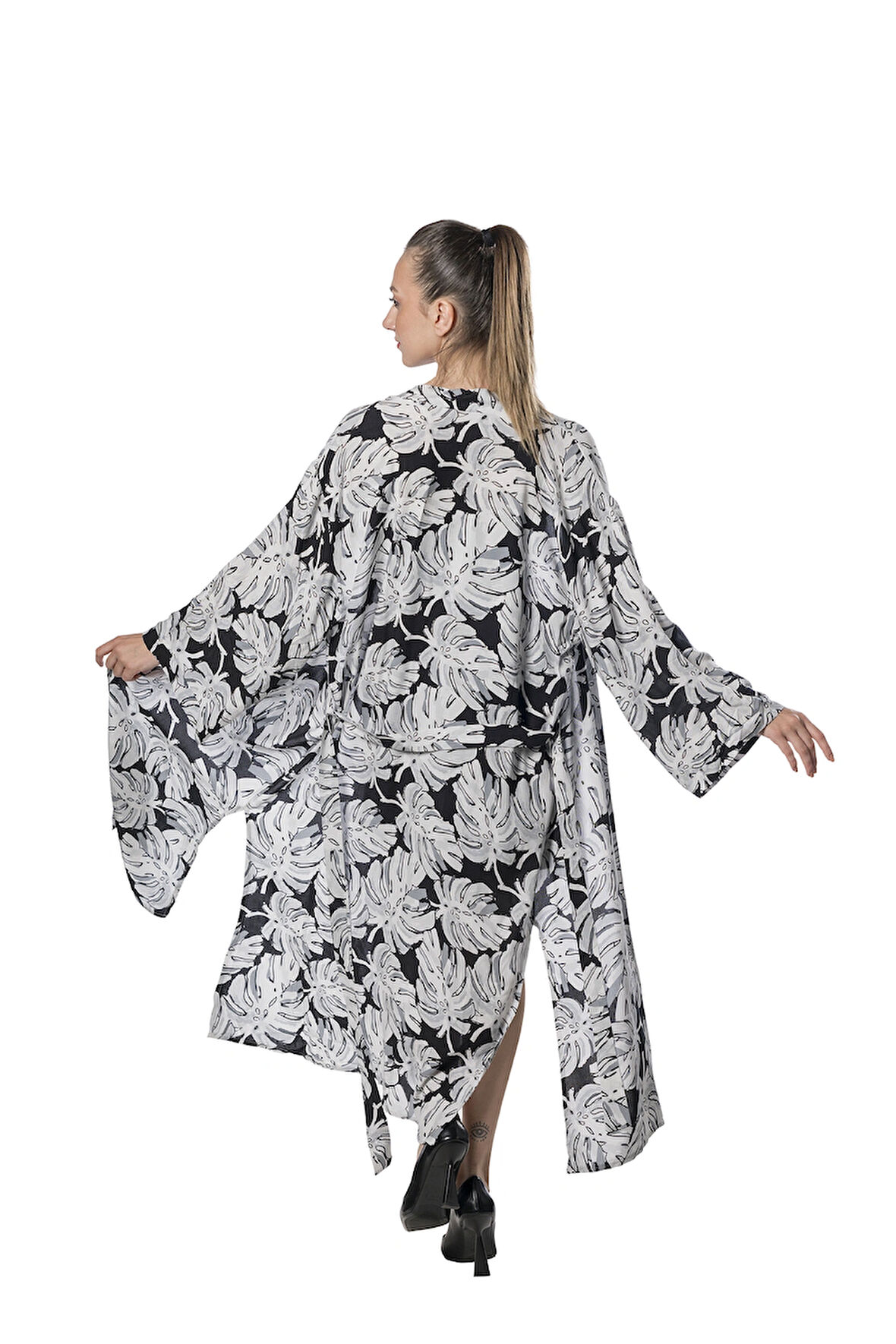 Özel Tasarım Pamuk Viskon Uzun Kimono - Yaprak