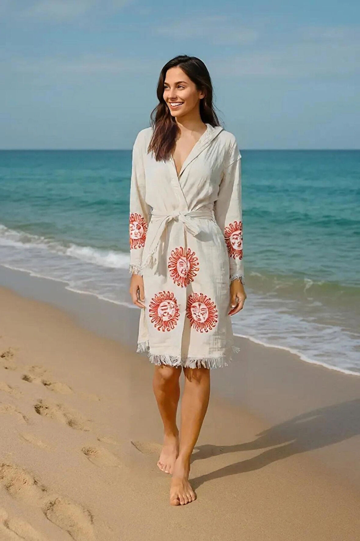 Renkli Baskılı Pamuk Müslin Kapüşonlu Bornoz Kimono