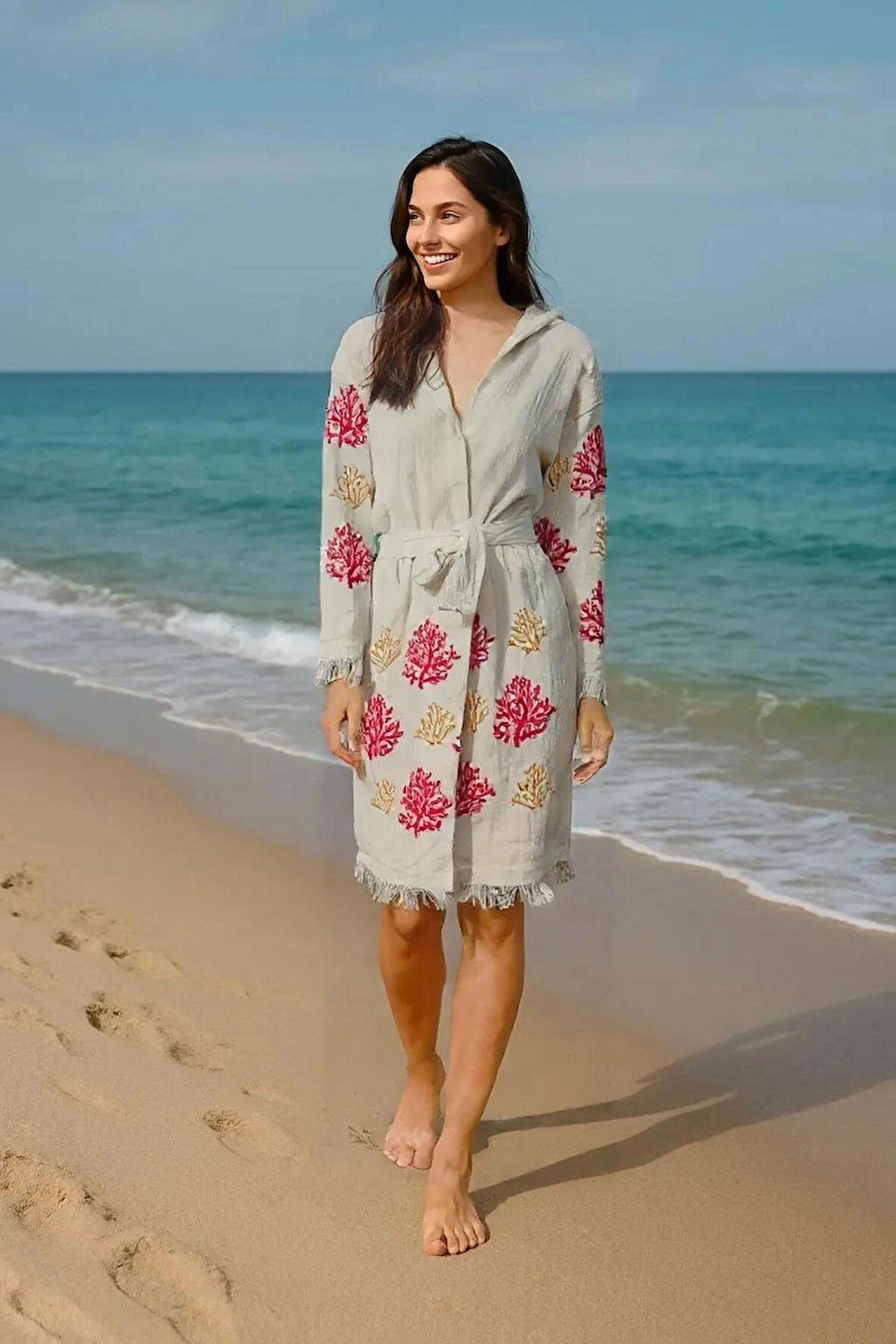 Renkli Baskılı Pamuk Müslin Kapüşonlu Bornoz Kimono