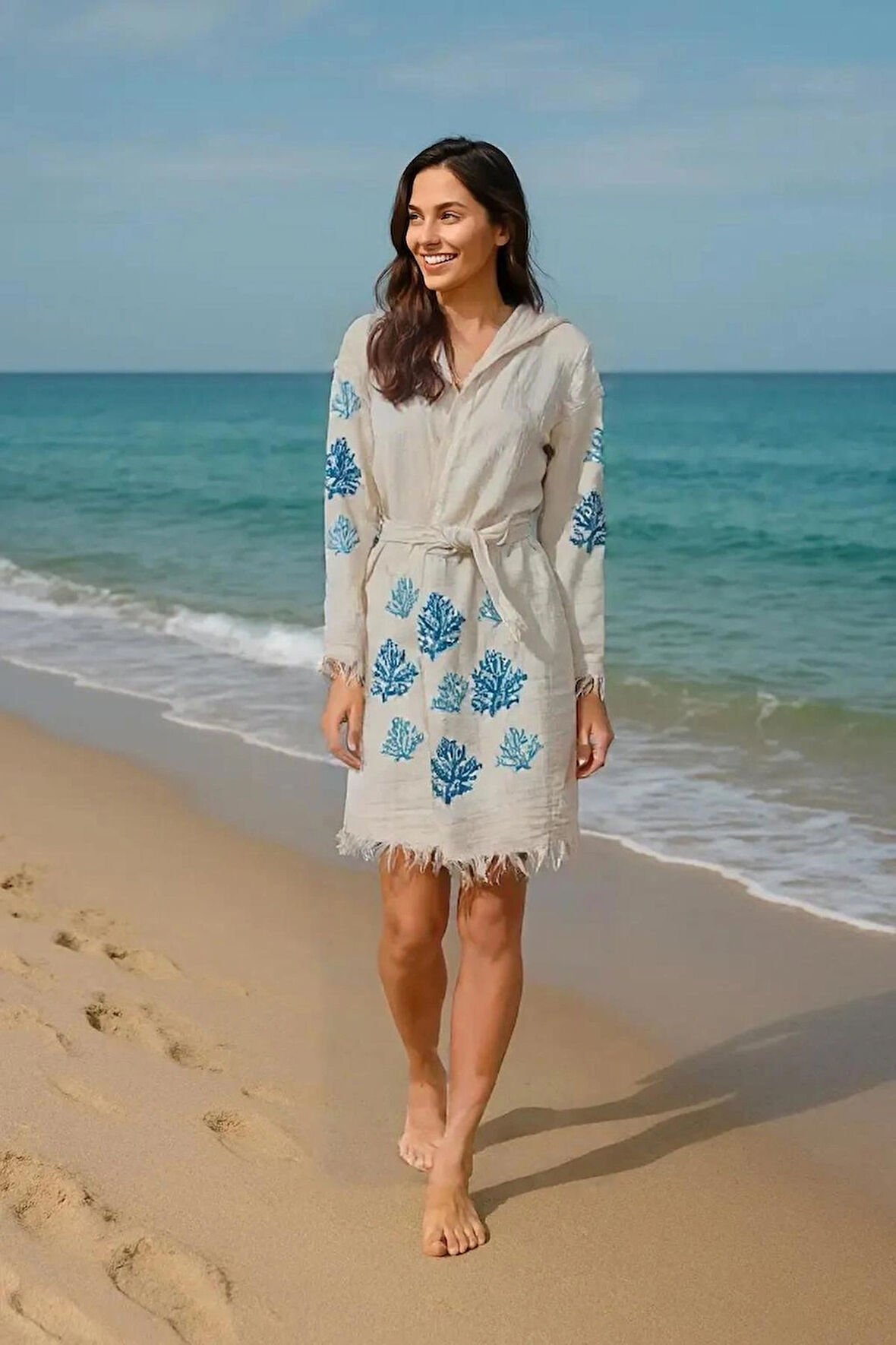 Renkli Baskılı Pamuk Müslin Kapüşonlu Bornoz Kimono