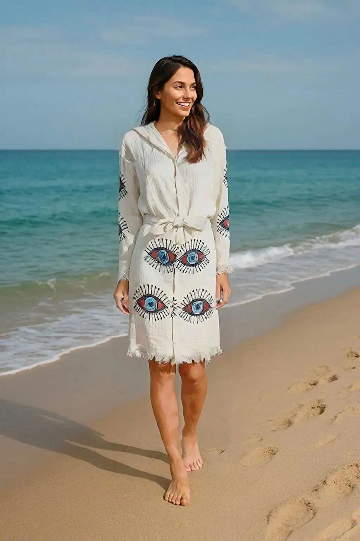 Renkli Baskılı Pamuk Müslin Kapüşonlu Bornoz Kimono