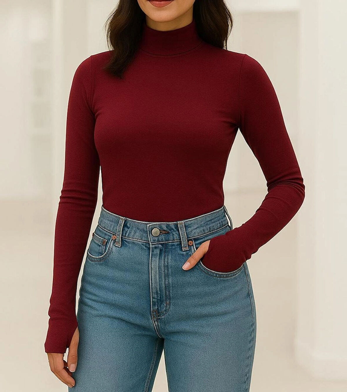 Yumuşak Dokulu Pamuk Dokuma Uzun Kol Dik Yaka Parmak Geçmeli Body Modal T-Shirt