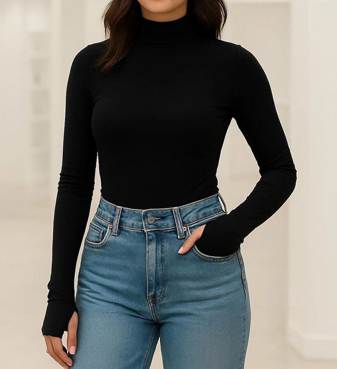 Yumuşak Dokulu Pamuk Dokuma Uzun Kol Dik Yaka Parmak Geçmeli Body Modal T-Shirt