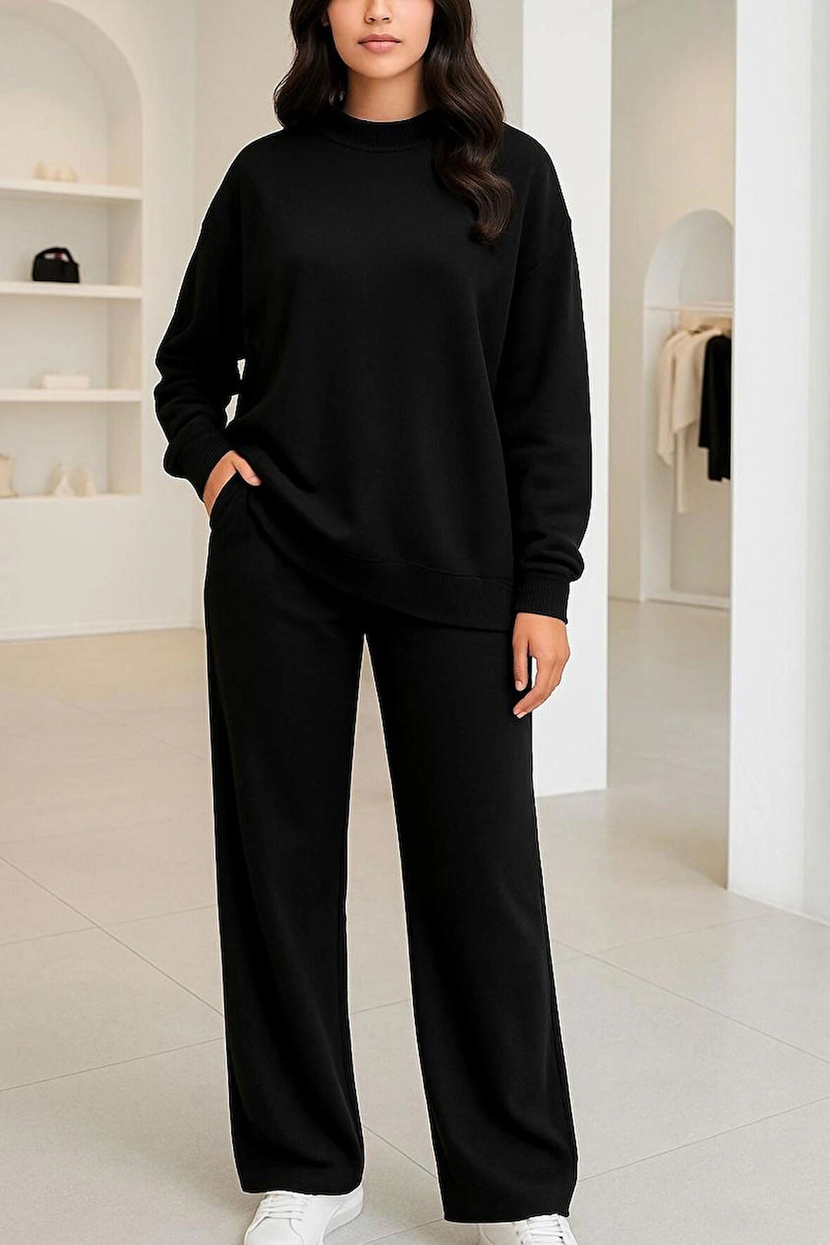 Yumuşak ve Esnek Dokulu Modal Scuba Kumaş Uzun Kollu Bisiklet Yaka Yırtmaçlı Takım