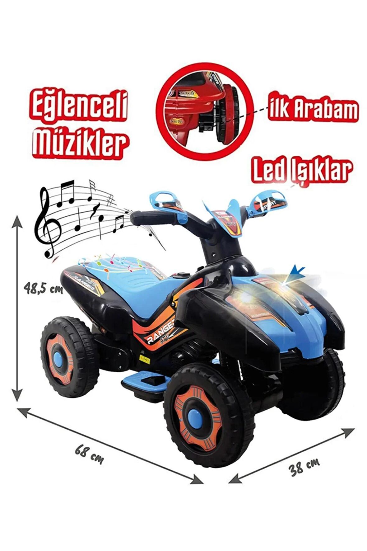 Müzikli ve Led Işıklı Akülü Atv 6v Ranger Siyah-Mavi