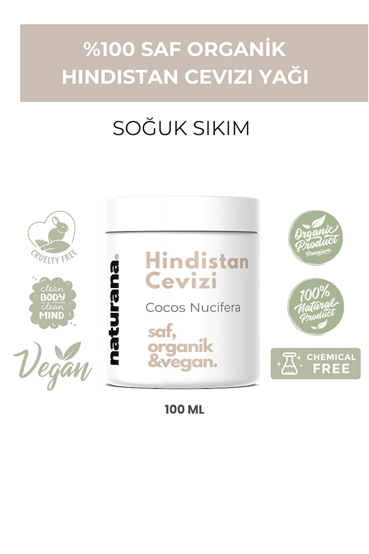 %100 Doğal Organik Soğuk Sıkım Hindistan Cevizi Yağı 100 ml
