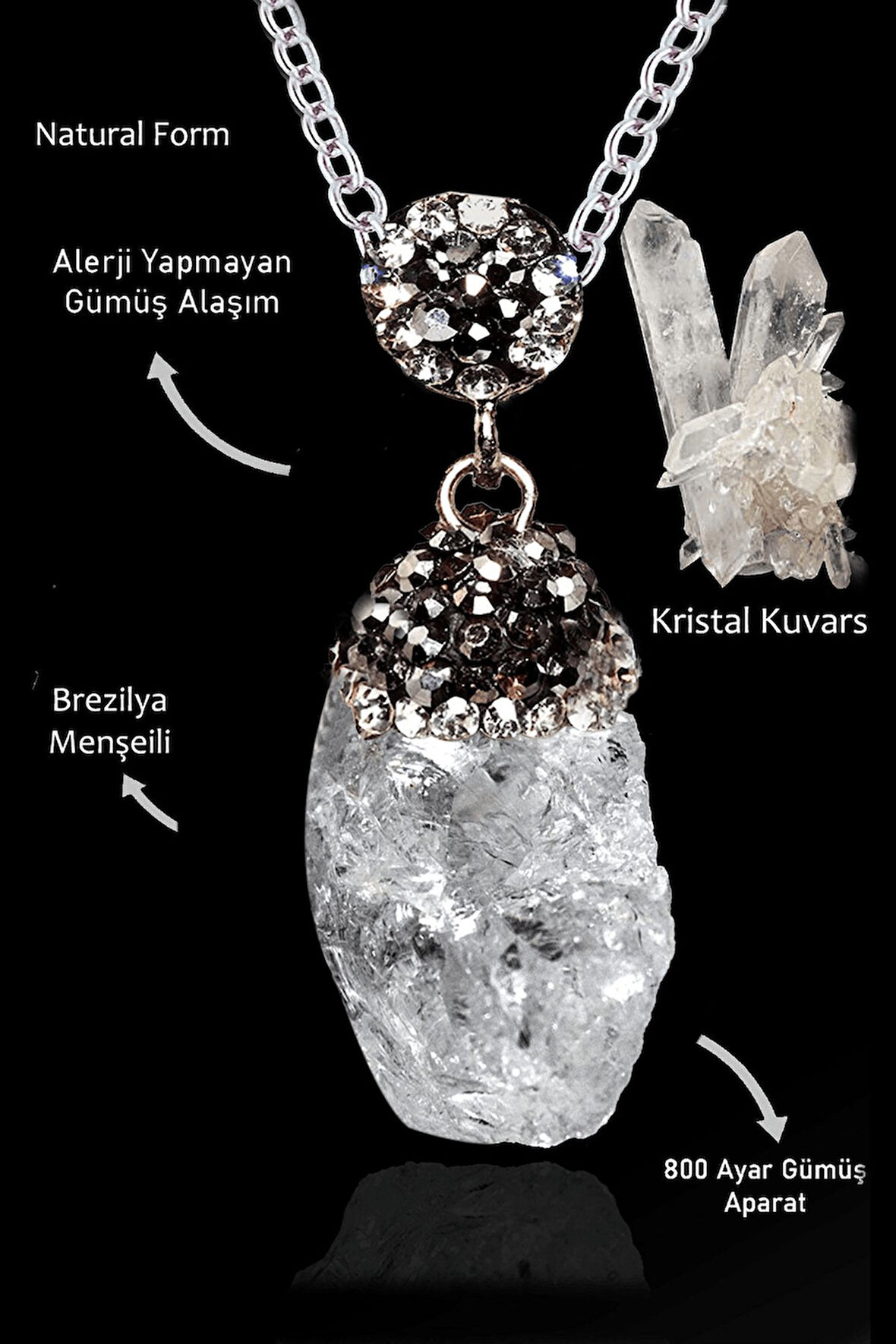 Sertifikalı Zirkon Taşlı Model Ham İşlenmemiş Kristal Kuvars Taşı Kolye