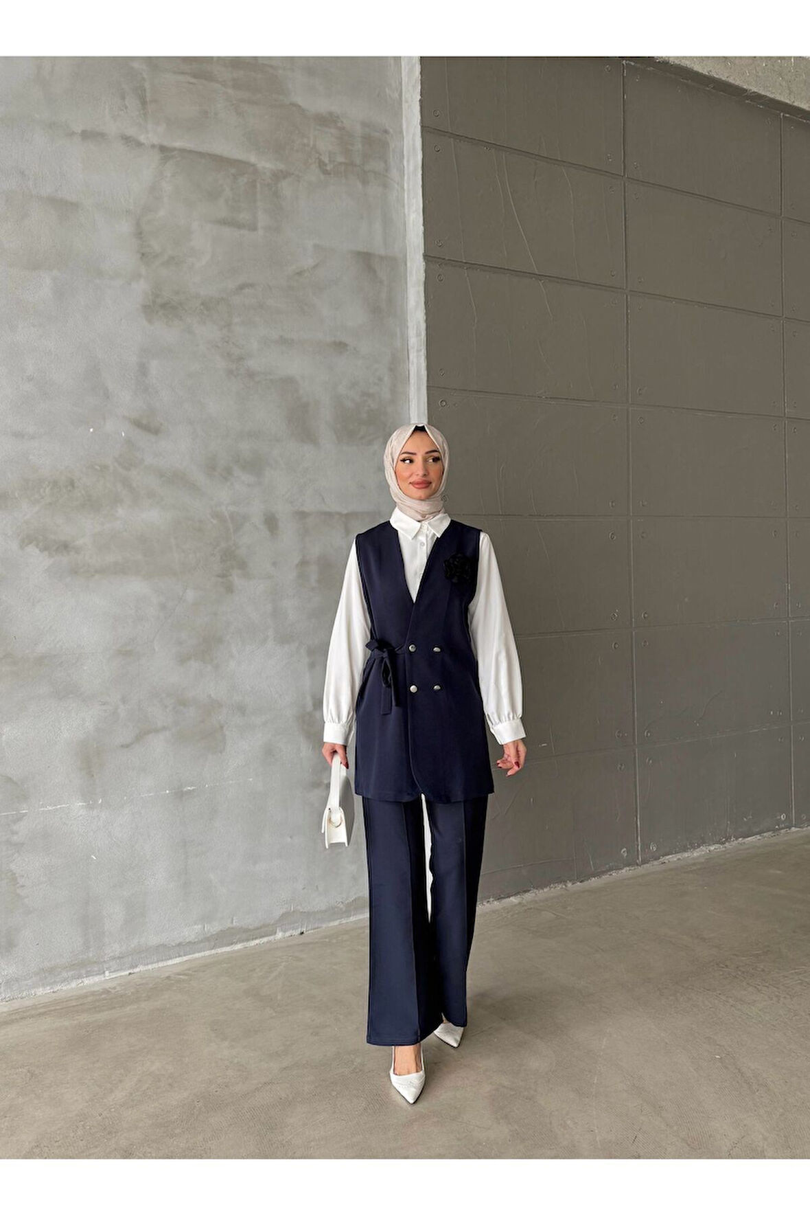 Nilay Kadın Lacivert Trend Yandan Bağlamalı Yelek Gömlek Pantolon 3'lü Takım NILAY-1421
