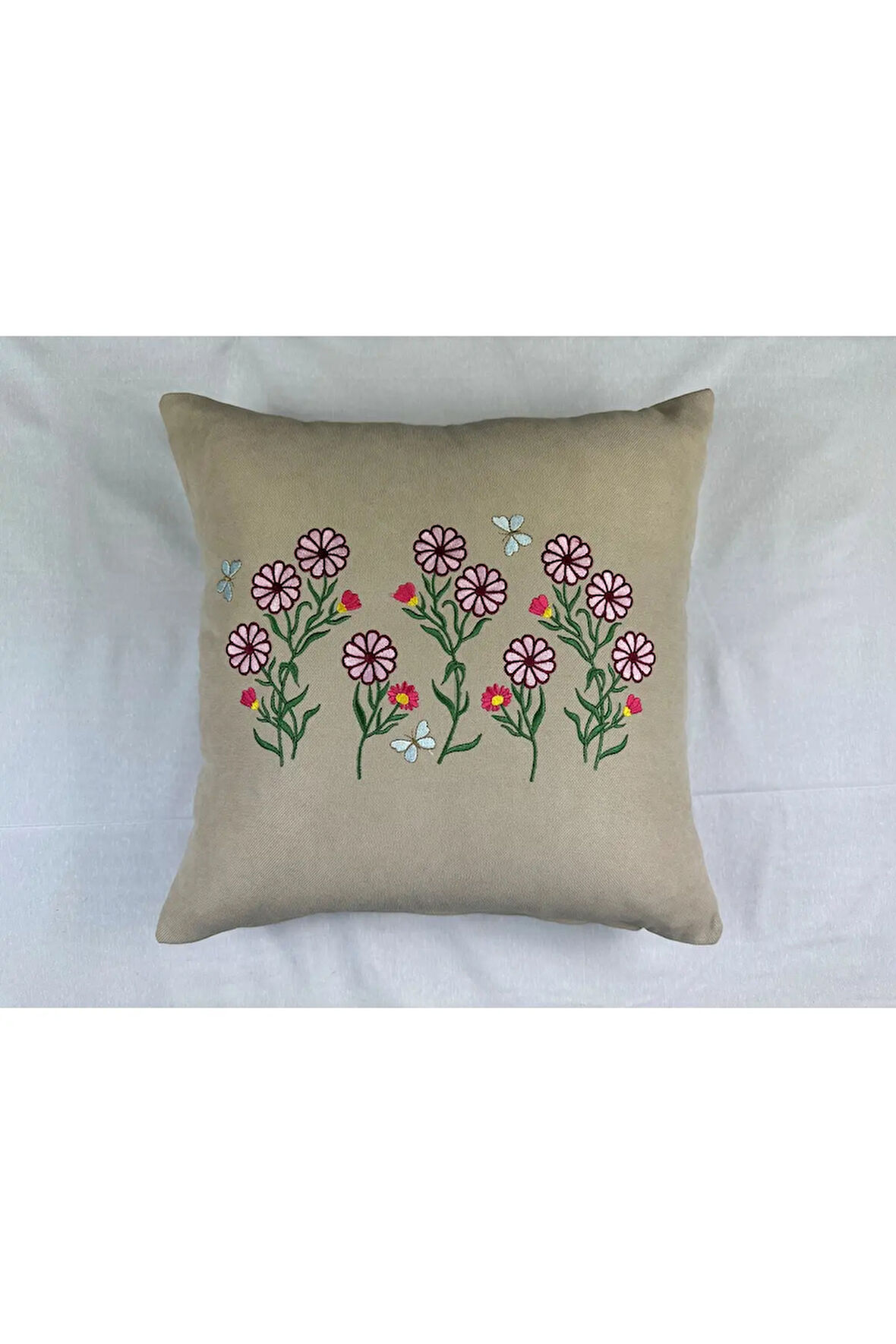 Krem Renk Çiçek Desenli Nakışlı Yastık Kılıfı 40X40 | Kırlent Kılıfı Fermuarlı