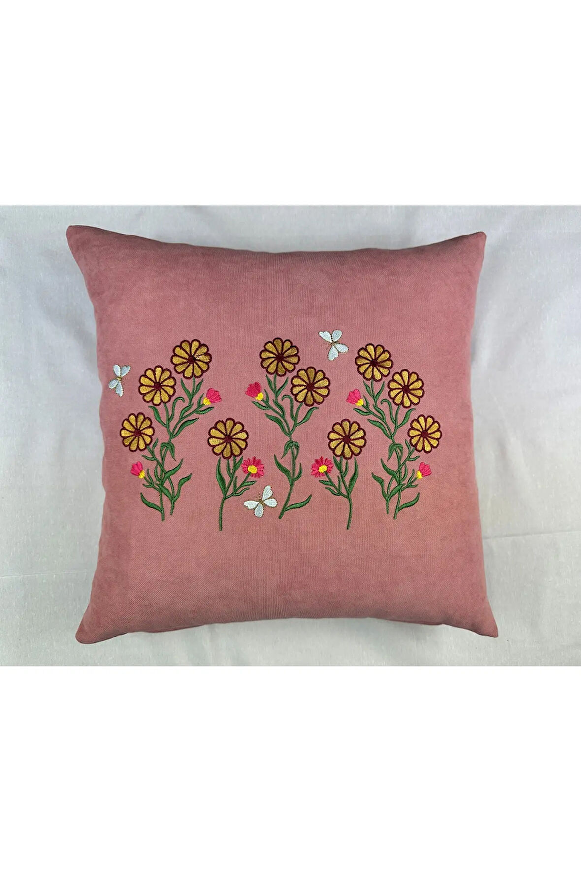 Pembe Renk Çiçek Desenli Nakışlı Yastık Kılıfı 40X40 | Kırlent Kılıfı Fermuarlı
