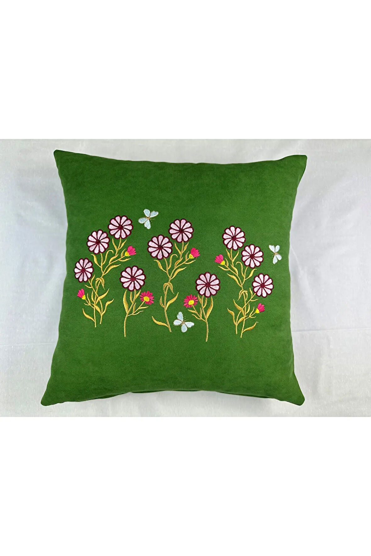 Yeşil Renk Çiçek Desenli Nakışlı Yastık Kılıfı 40X40 | Kırlent Kılıfı Fermuarlı