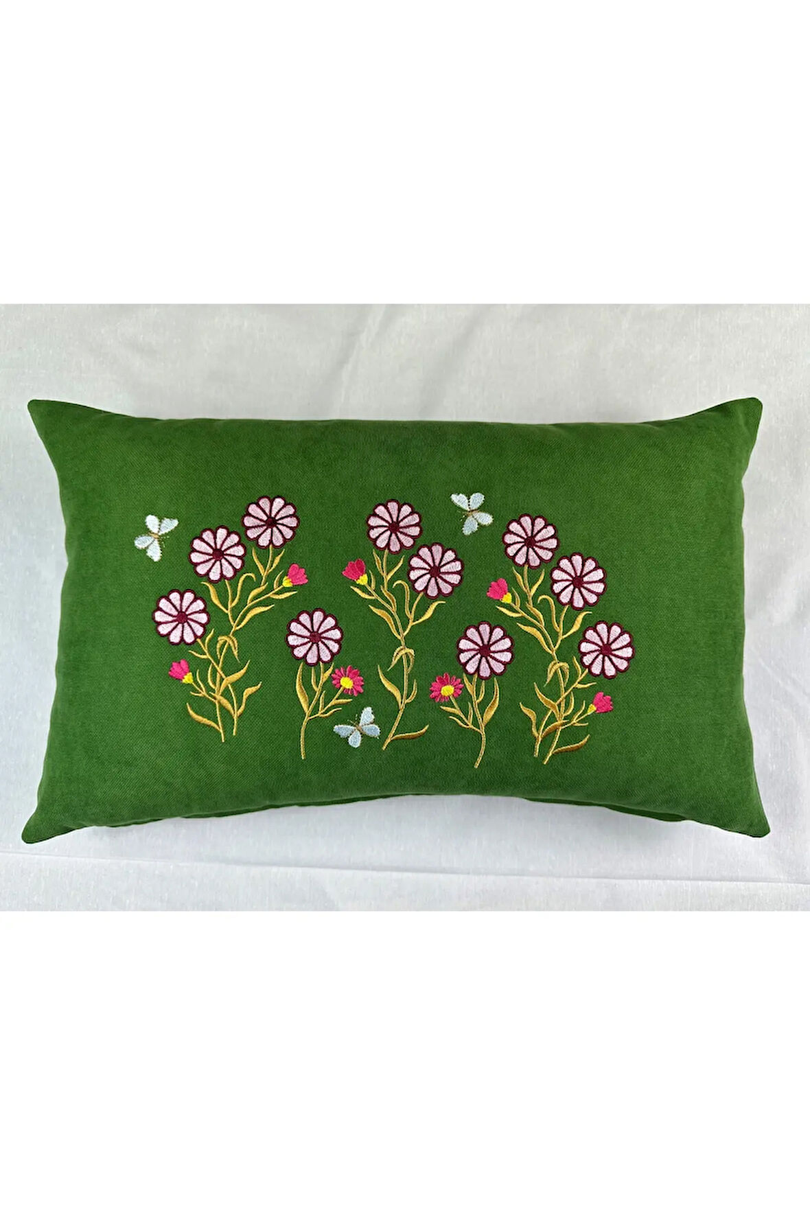 Yeşil Renk Çiçek Desenli Nakışlı Yastık Kılıfı 30x50 | Kırlent Kılıfı Fermuarlı