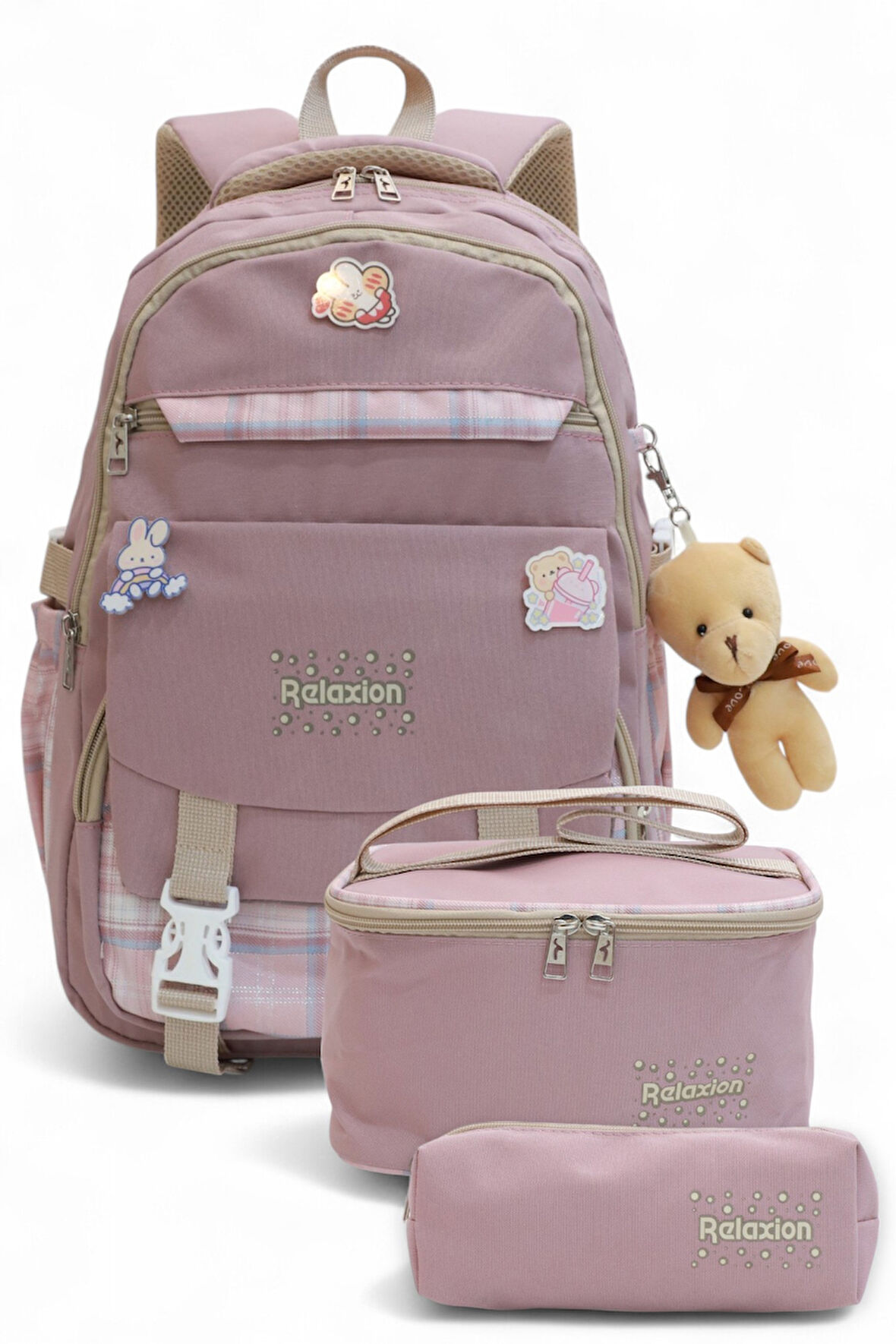 Relaxion 2144-1396 Kore Tarzı Unisex Çocuk Üçlü Set İlkokul Sırt Çantası - NKT02144-Gülkurusu-TEKEBAT