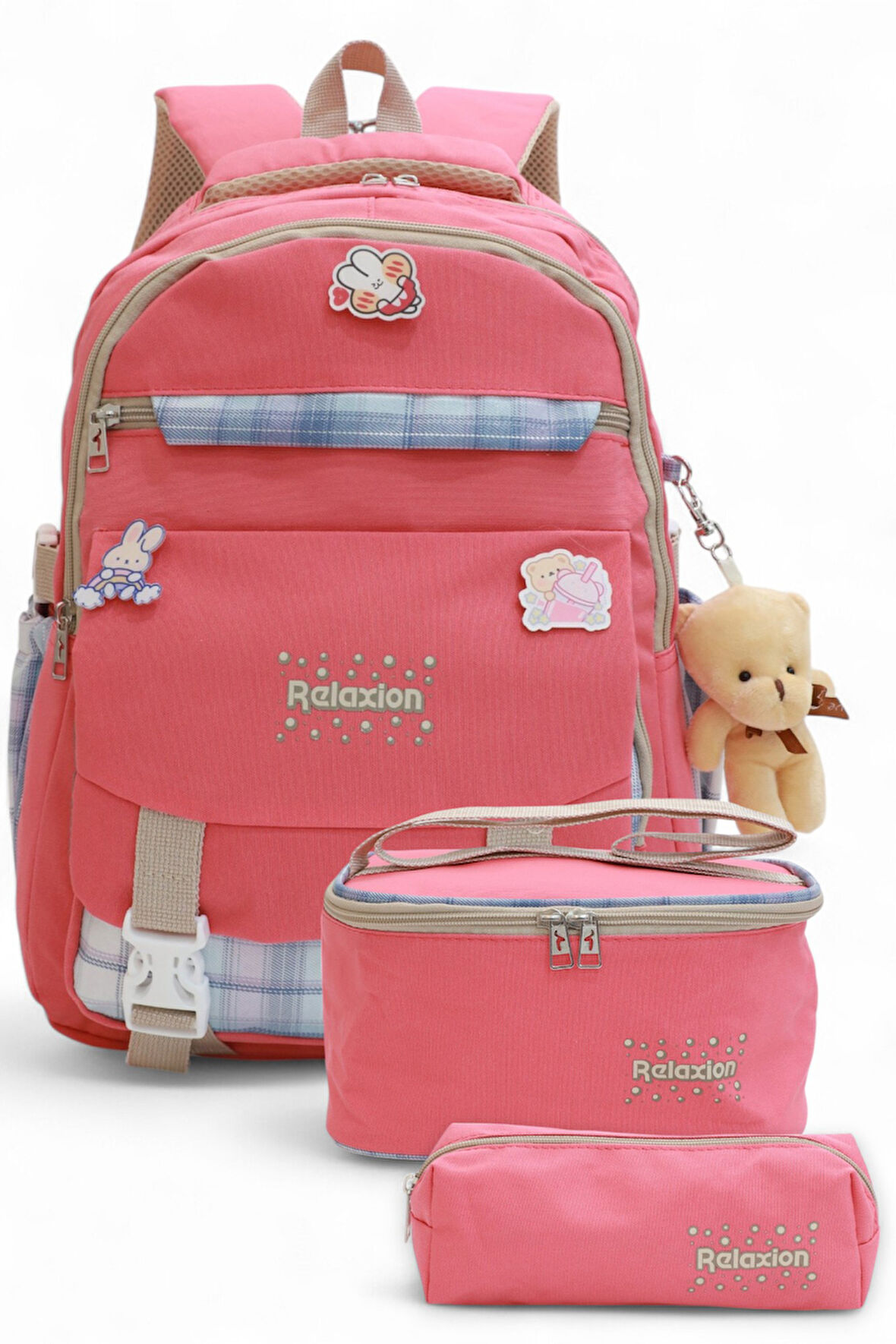 Relaxion 2144-1396 Kore Tarzı Unisex Çocuk Üçlü Set İlkokul Sırt Çantası - NKT02144-PEMBE-TEKEBAT