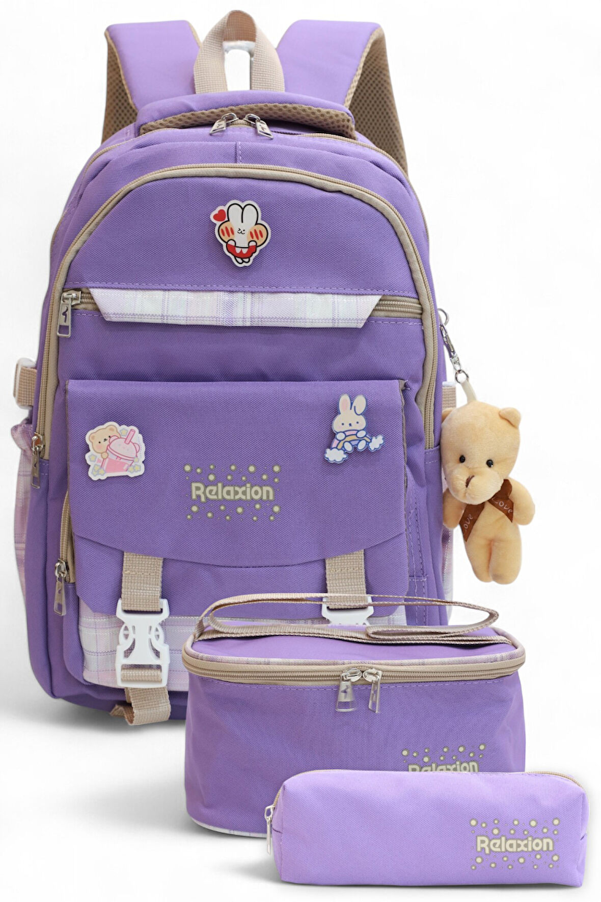 Relaxion 2144-1396 Kore Tarzı Unisex Çocuk Üçlü Set İlkokul Sırt Çantası - NKT02144-lila-TEKEBAT
