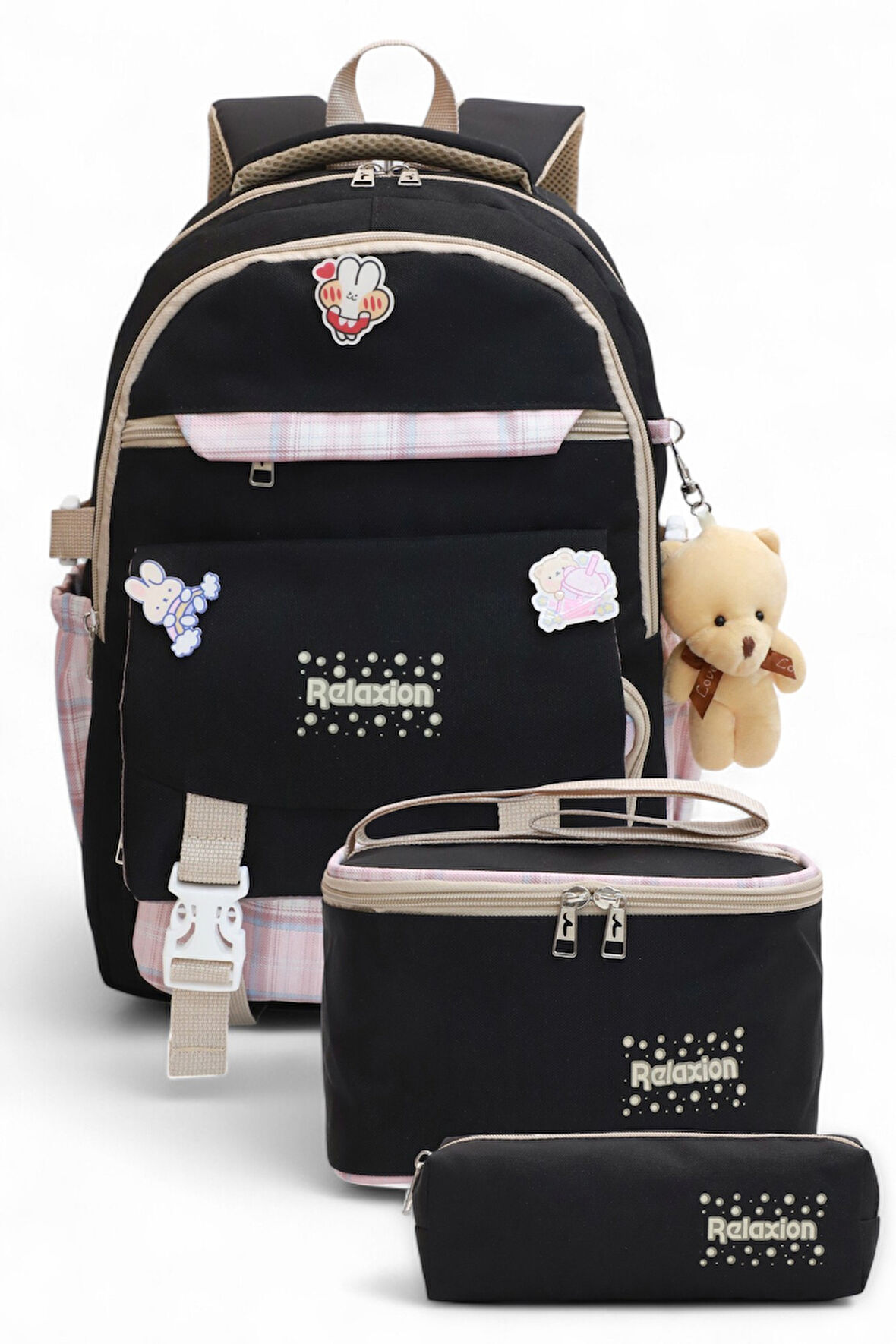 Relaxion 2144-1396 Kore Tarzı Unisex Çocuk Üçlü Set İlkokul Sırt Çantası - NKT02144-siyah-pembe-TEKEBAT