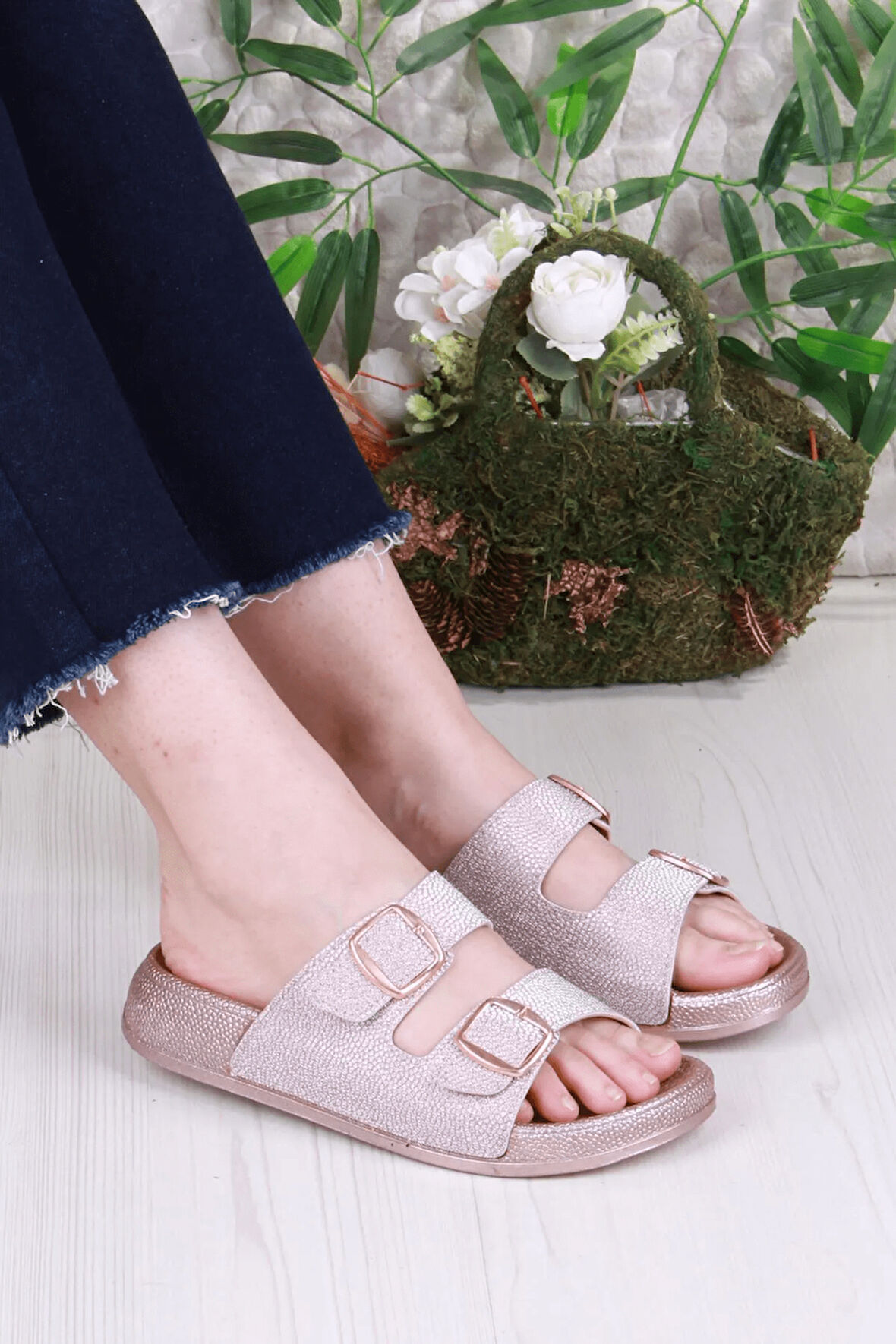 Pien-2150 Ayarlanabilir Çift Tokalı Ekstra Yumuşak Anatomik Tabanlı Kadın Terlik - NKT02150-PUDRA-37