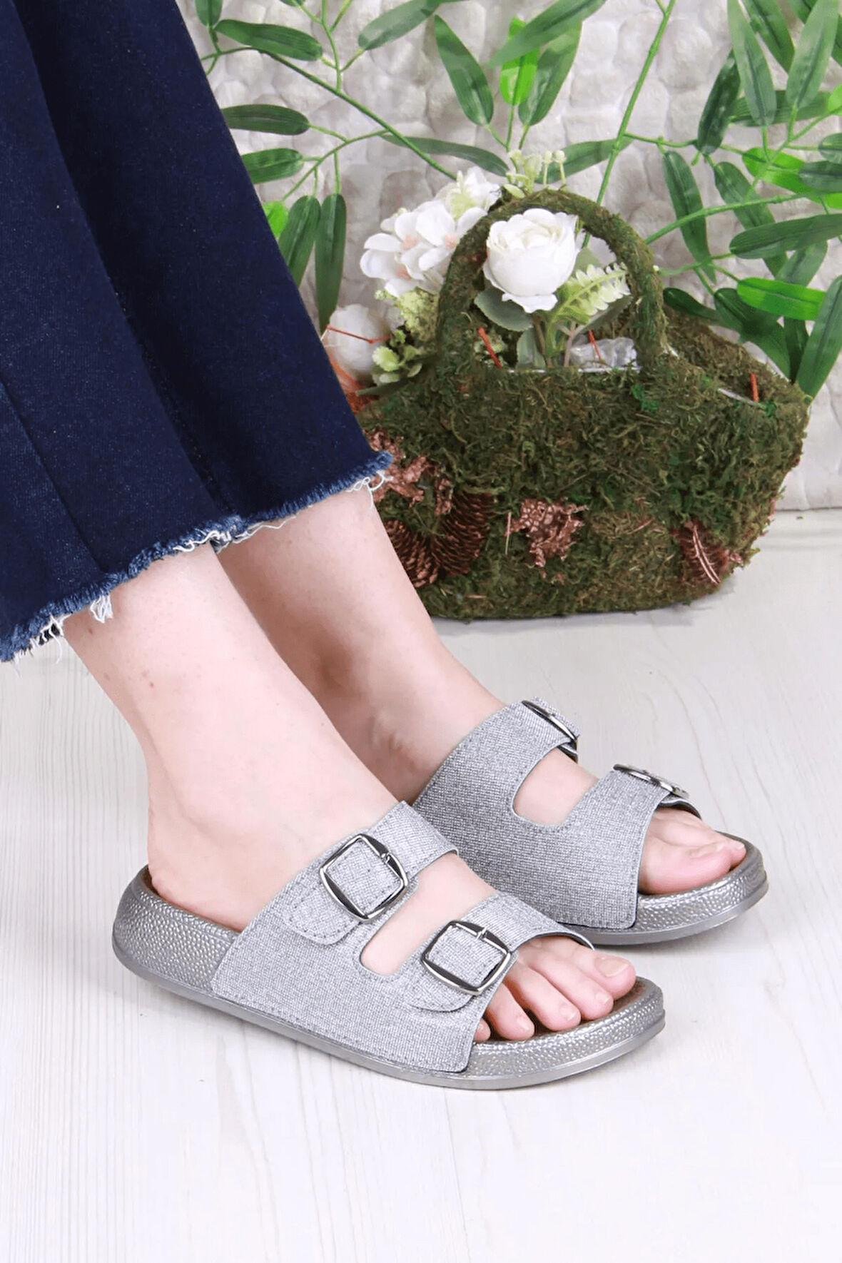 Pien-2150 Ayarlanabilir Çift Tokalı Ekstra Yumuşak Anatomik Tabanlı Kadın Terlik - NKT02150-gri-40