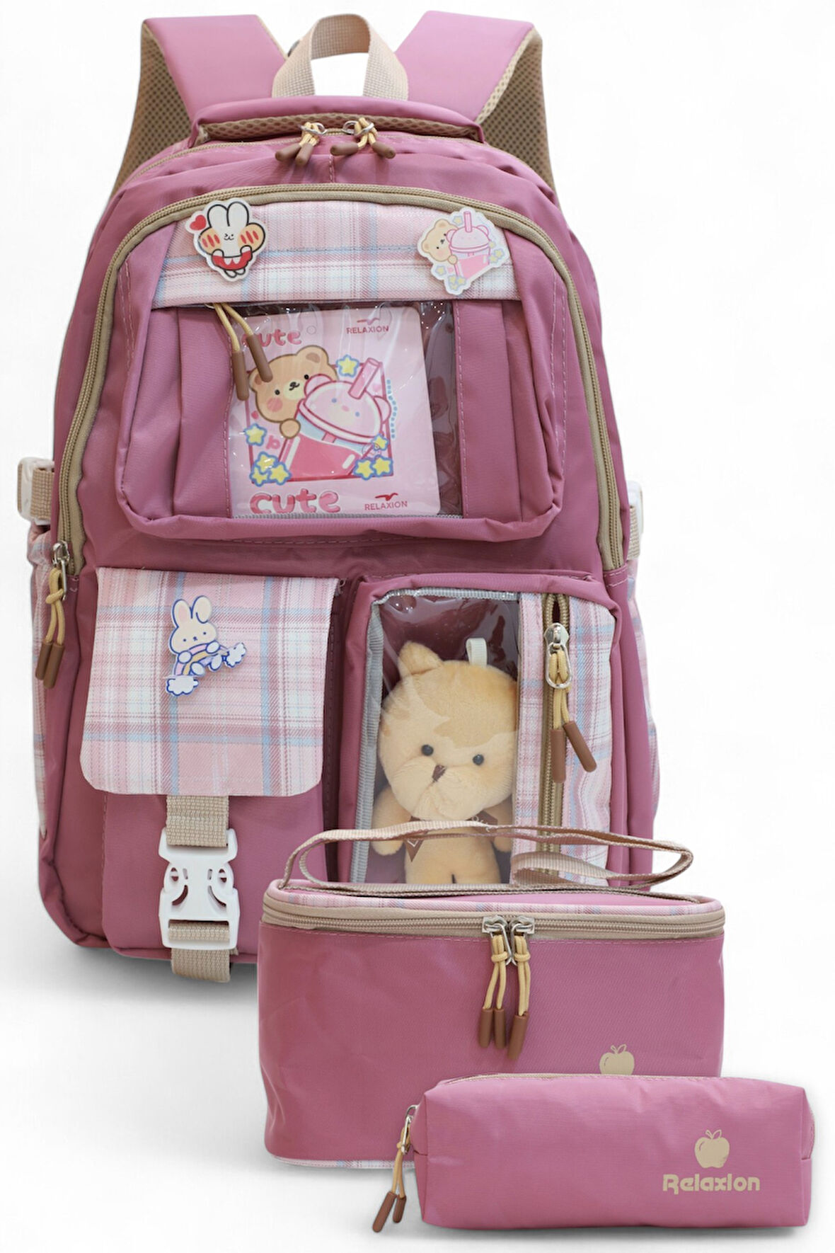 Relaxion 2203-1395 Kore Tarzı Unisex Çocuk Üçlü Set İlkokul Sırt Çantası - NKT02203-Gülkurusu-TEKEBAT