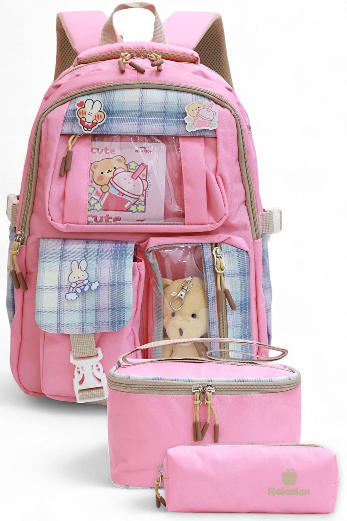Relaxion 2203-1395 Kore Tarzı Unisex Çocuk Üçlü Set İlkokul Sırt Çantası - NKT02203-PEMBE-TEKEBAT