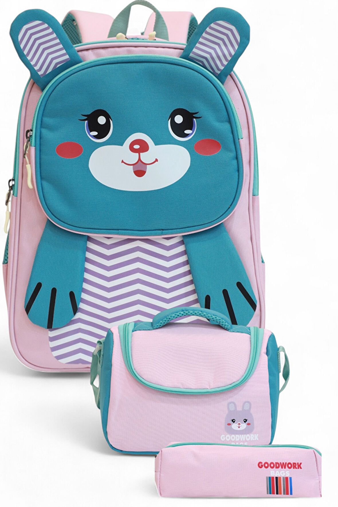 2204-Goodwork Kız Çocuk Üçlü Set Figürlü İlkokul Sırt Çantası  - NKT02204-PUDRA-TEKEBAT