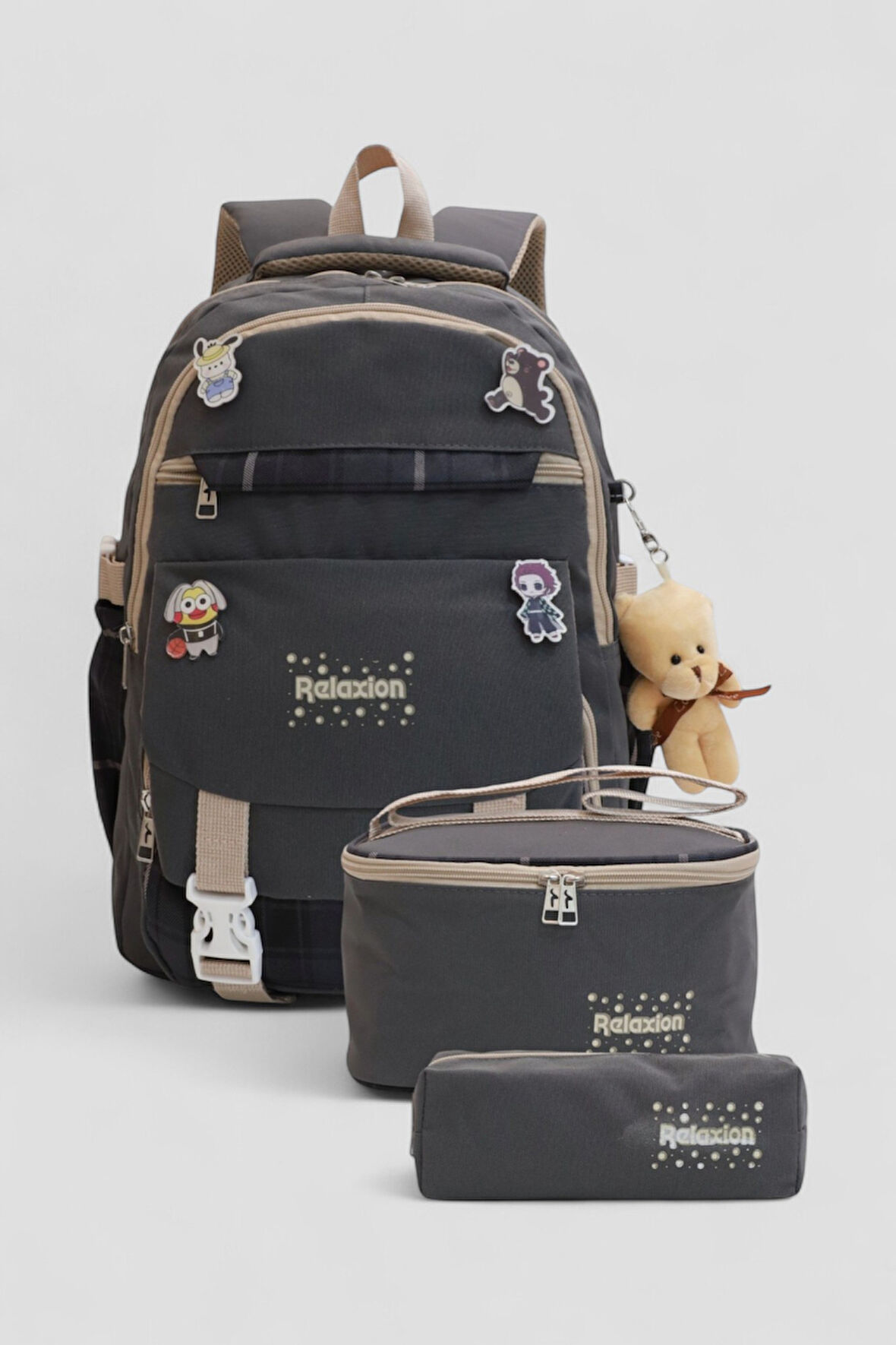 Relaxion 1396 Kore Tarzı Unisex Çocuk Üçlü Set İlkokul Sırt Çantası - NKT02206-Füme-TEKEBAT
