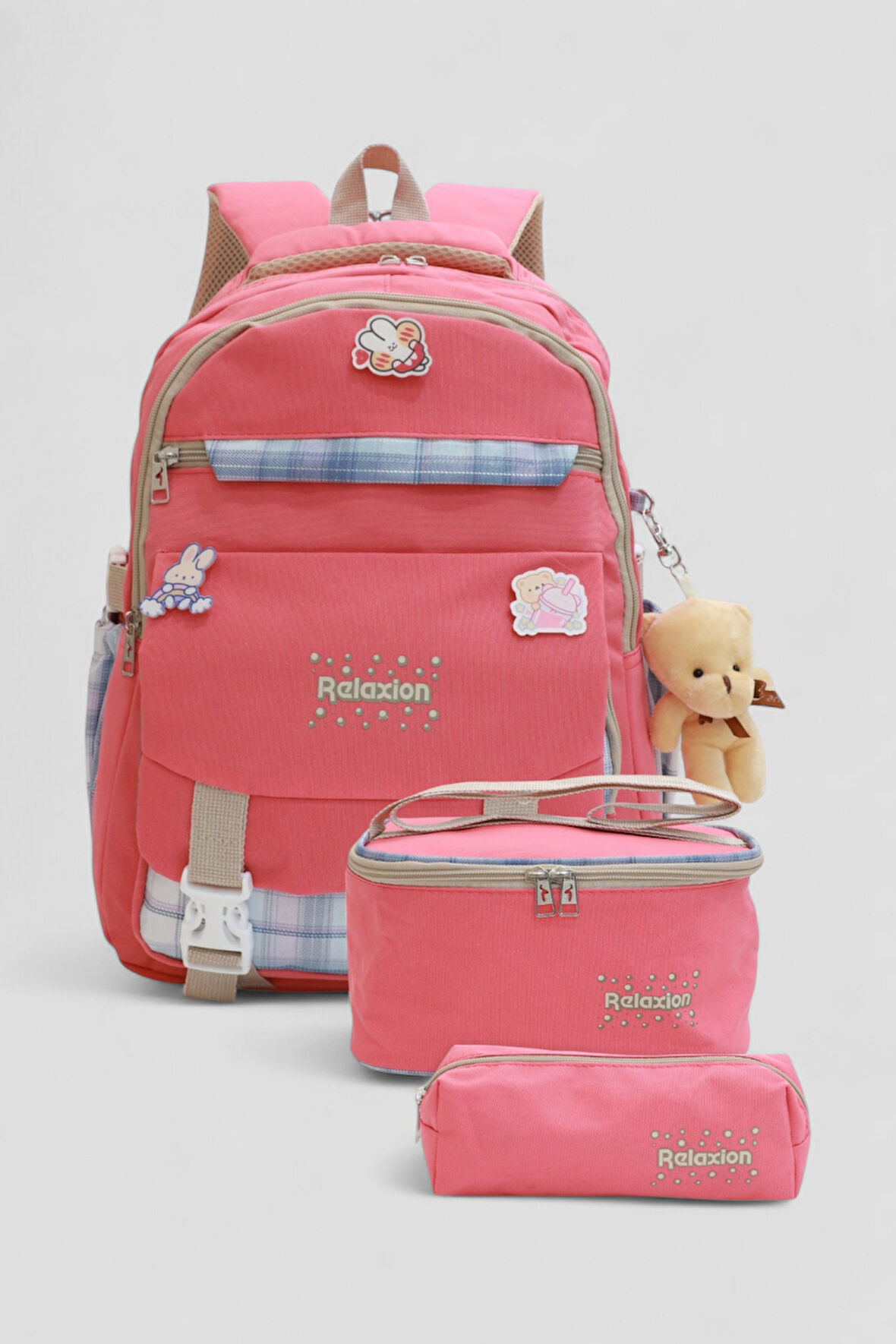 Relaxion 1396 Kore Tarzı Unisex Çocuk Üçlü Set İlkokul Sırt Çantası - NKT02206-PEMBE-TEKEBAT